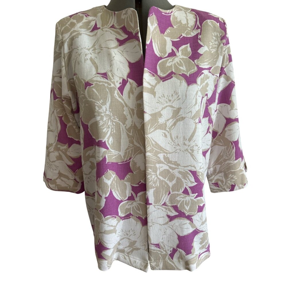 BonWorth Womens S Floral Print Open Front Jacket 3/4 Sleeve Tan & Purple